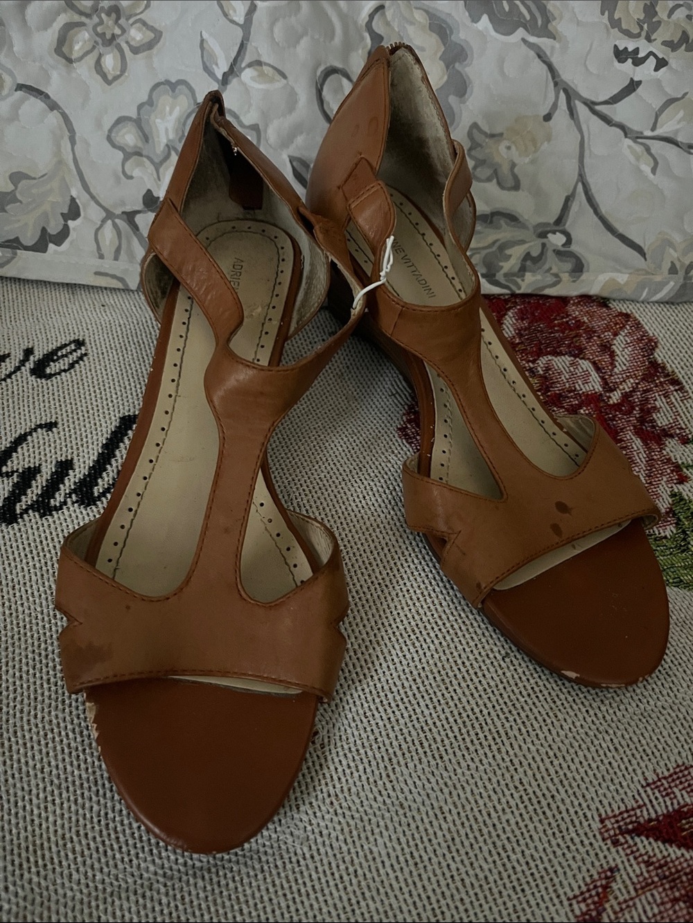 Adrienne Vittadini Brown Leather T-Strap Heels
